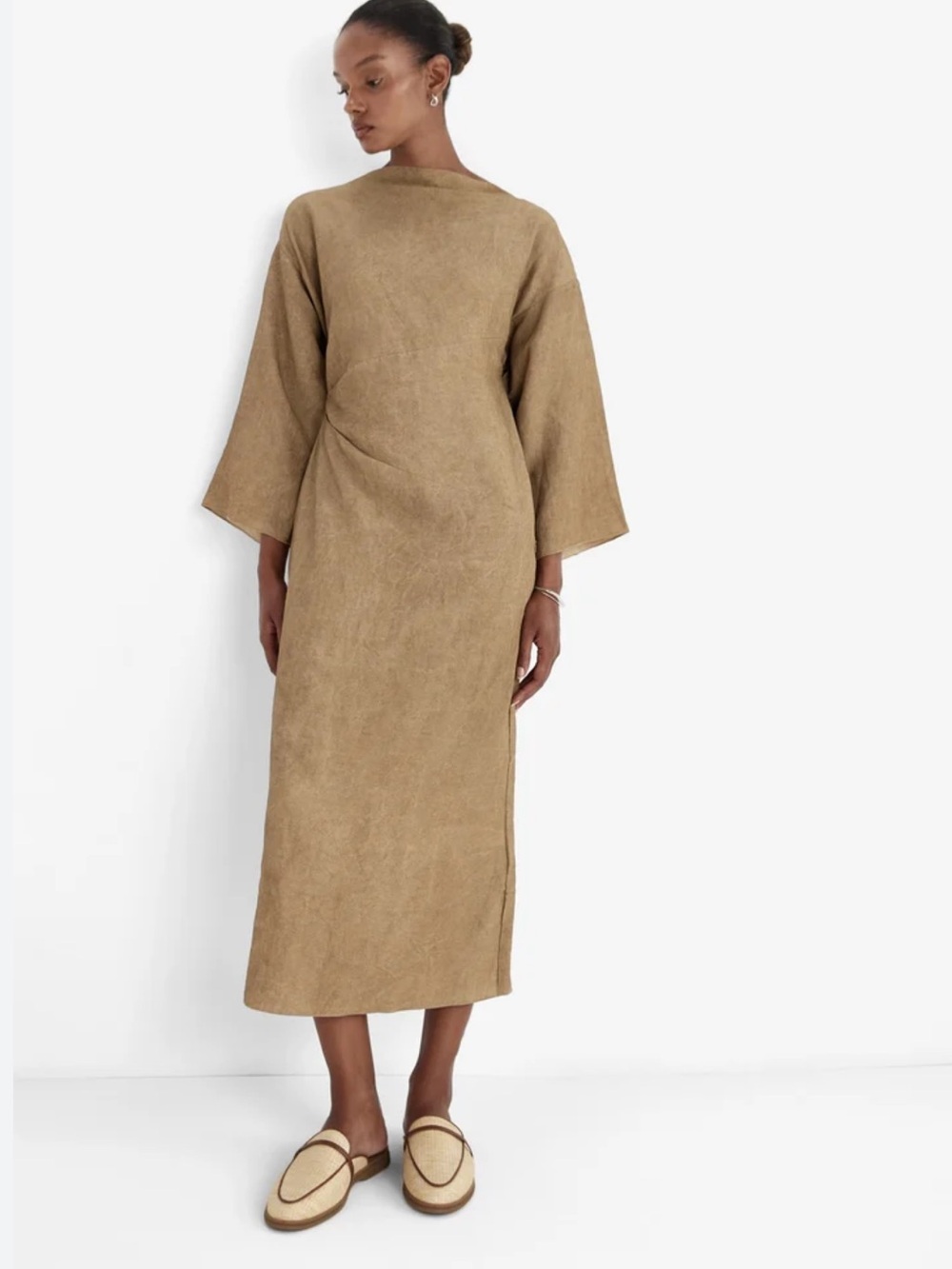 Massimo Dutti Beige Linen Blend Midi Dress - Minimal Long-Sleeve Dress